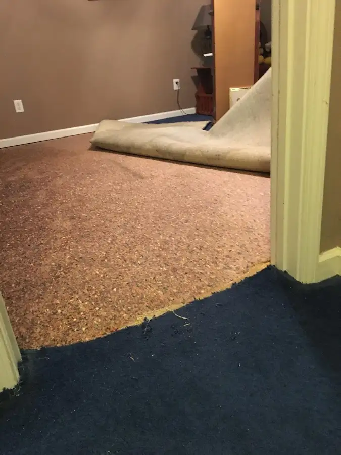 Carpet pad removal revealing water damage during Drying & Dehumidification in Chesterton